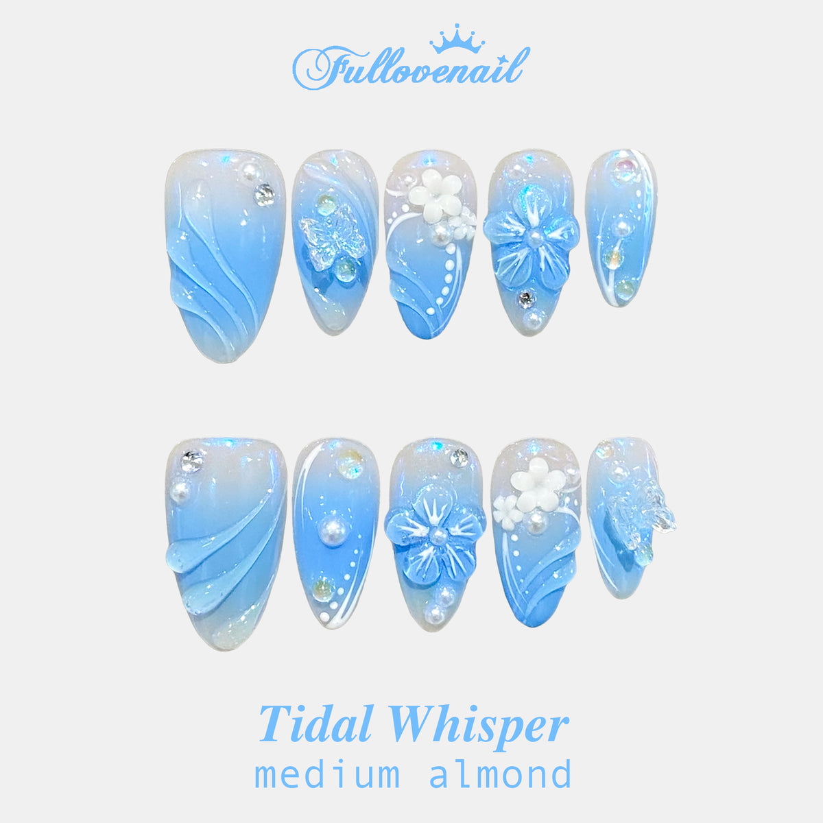 Tidal Whisper handmade press-on nails — medium almond set in ocean aqua and handcrafted art detailing | Fullovenail