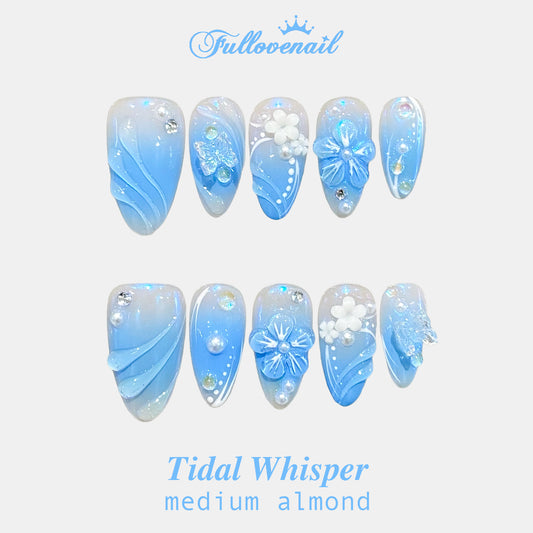 Tidal Whisper handmade press-on nails — medium almond set in ocean aqua and handcrafted art detailing | Fullovenail