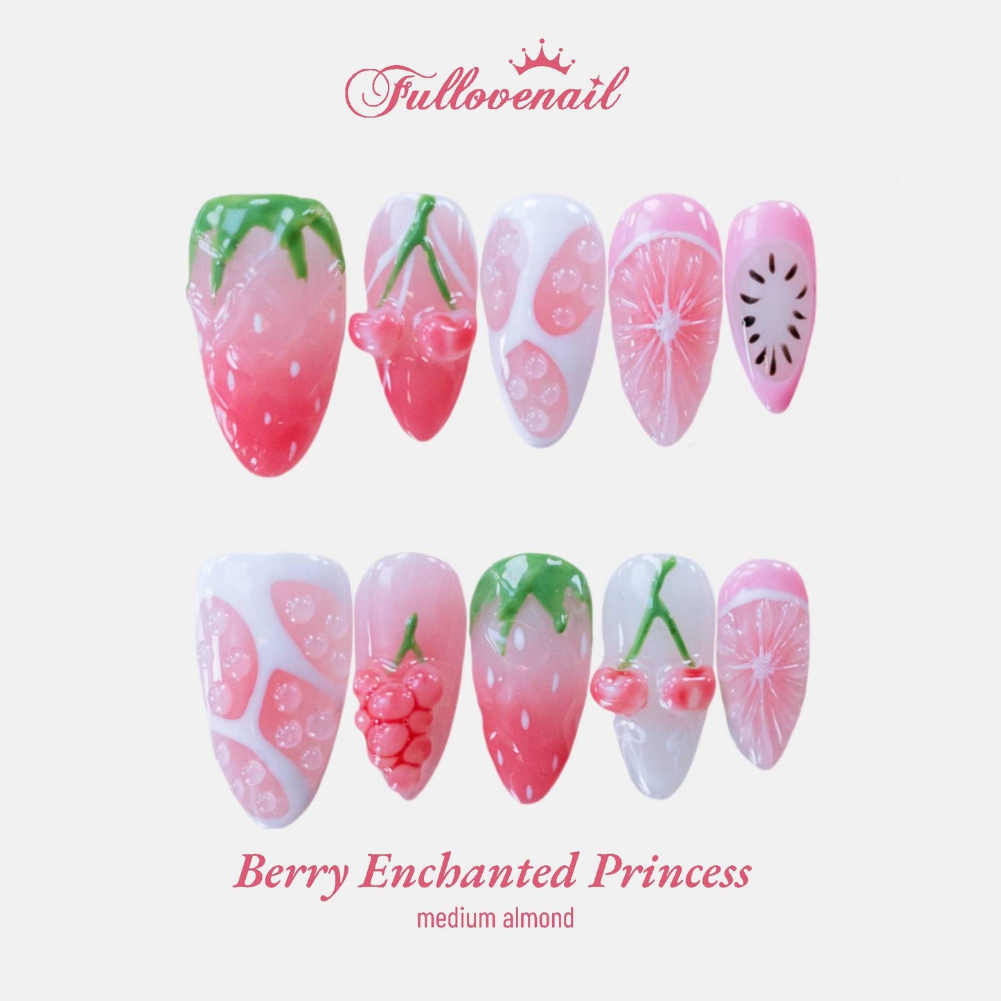 Berry Enchanted Princess handmade press-on nails — medium almond set in red and handcrafted art detailing | Fullovenail