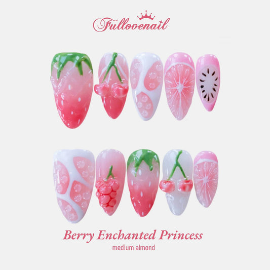 Berry Enchanted Princess handmade press-on nails — medium almond set in red and handcrafted art detailing | Fullovenail