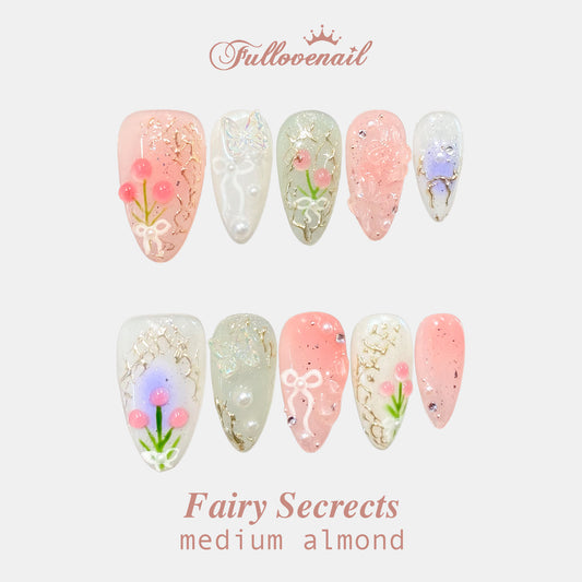 Fairy Secrets handmade press-on nails — medium almond set in iridescent pearl and handcrafted art detailing | Fullovenail