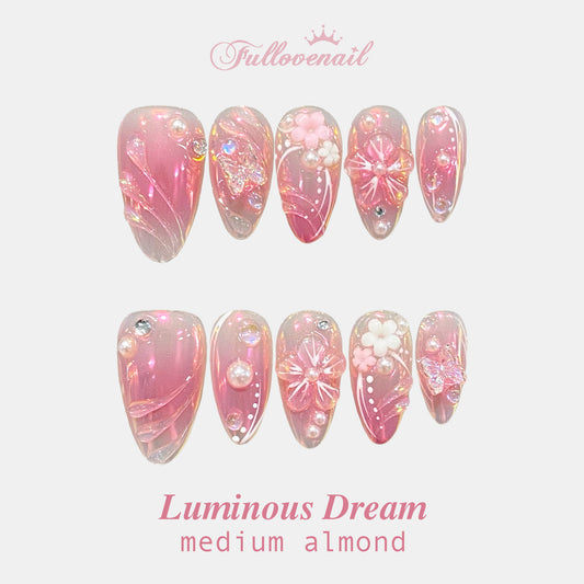 Luminous Dream handmade press-on nails — medium almond set in aurora lilac and handcrafted art detailing | Fullovenail