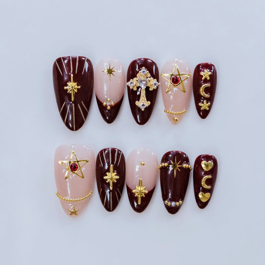 Golden Sparkle handmade press-on nails — medium almond set in gold and handcrafted art detailing | Fullovenail
