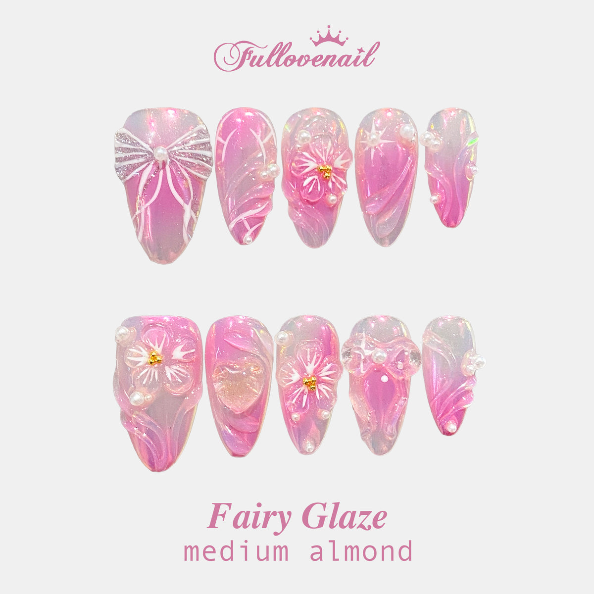 Fairy Glaze handmade press-on nails — medium almond set in iridescent pearl and handcrafted art detailing | Fullovenail