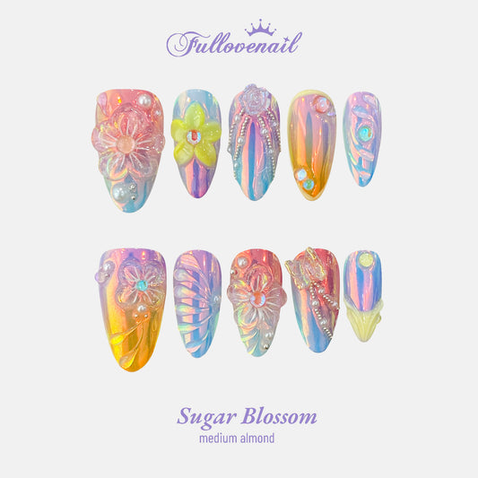Sugar Blossom handmade press-on nails — medium almond set in purple magnetic cat eye and chrome finish | Fullovenail