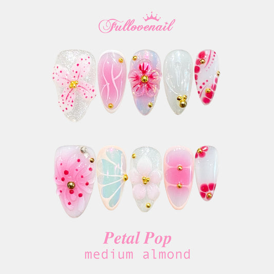 Petal Pop handmade press-on nails — medium almond set in vibrant cherry red and 3D floral petals | Fullovenail