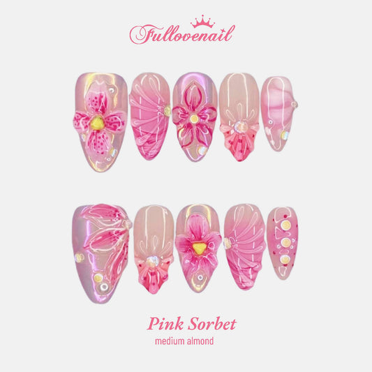 Pink Sorbet handmade press-on nails — medium almond set in pink and handcrafted art detailing | Fullovenail
