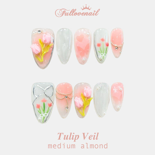 Tulip Veil handmade press-on nails — medium almond set in floral pink and 3D sculpted floral petals | Fullovenail