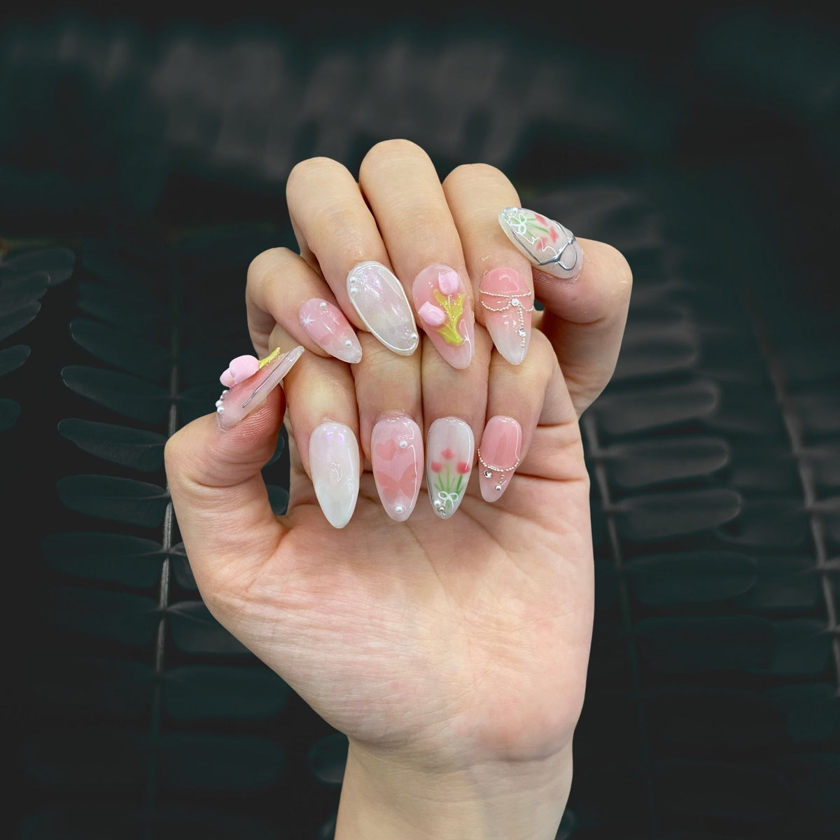 Full set wear display of Tulip Veil soft pink aura floral press-on nails