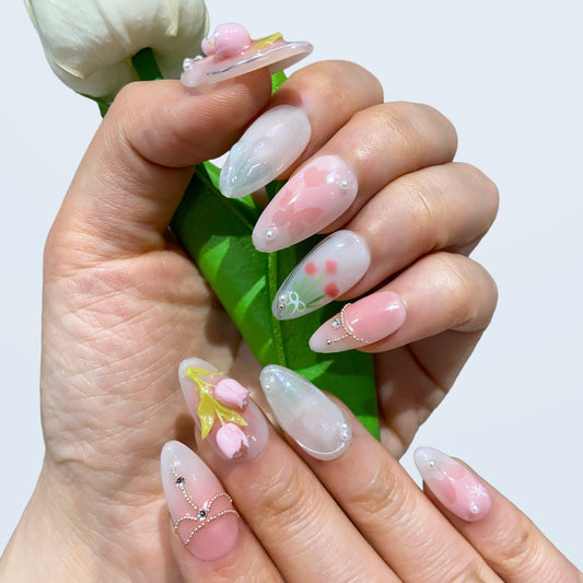 Floral Garden floral pink press-on nails on hand | Floral Garden nail inspo
