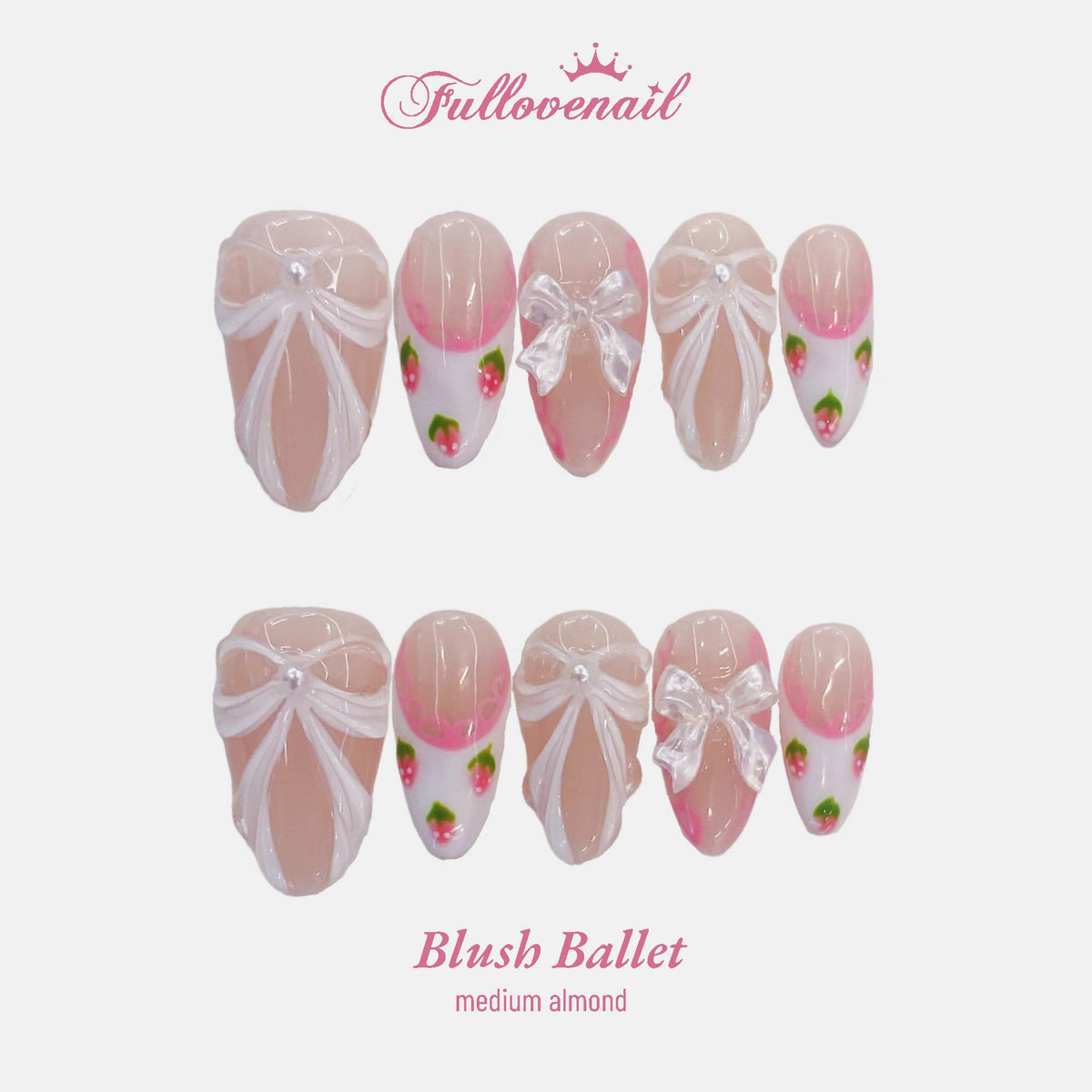 Blush Ballet almond press-on nails with 3D ribbon draping and strawberry French tips