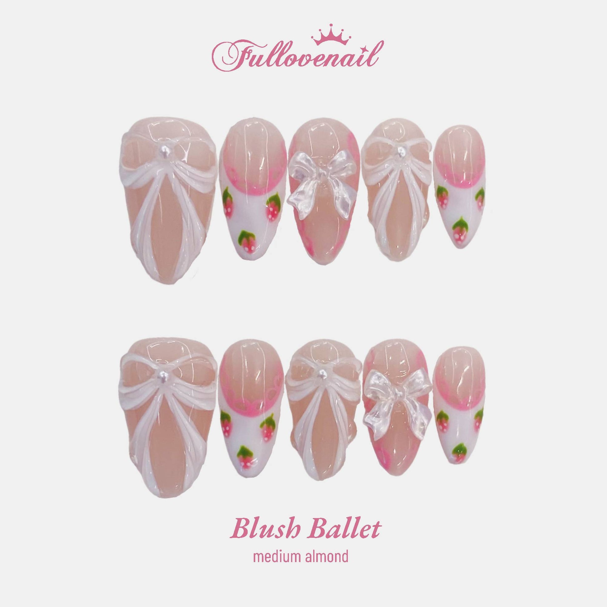 Blush Ballet handmade press-on nails — medium almond set in pink and handcrafted art detailing | Fullovenail