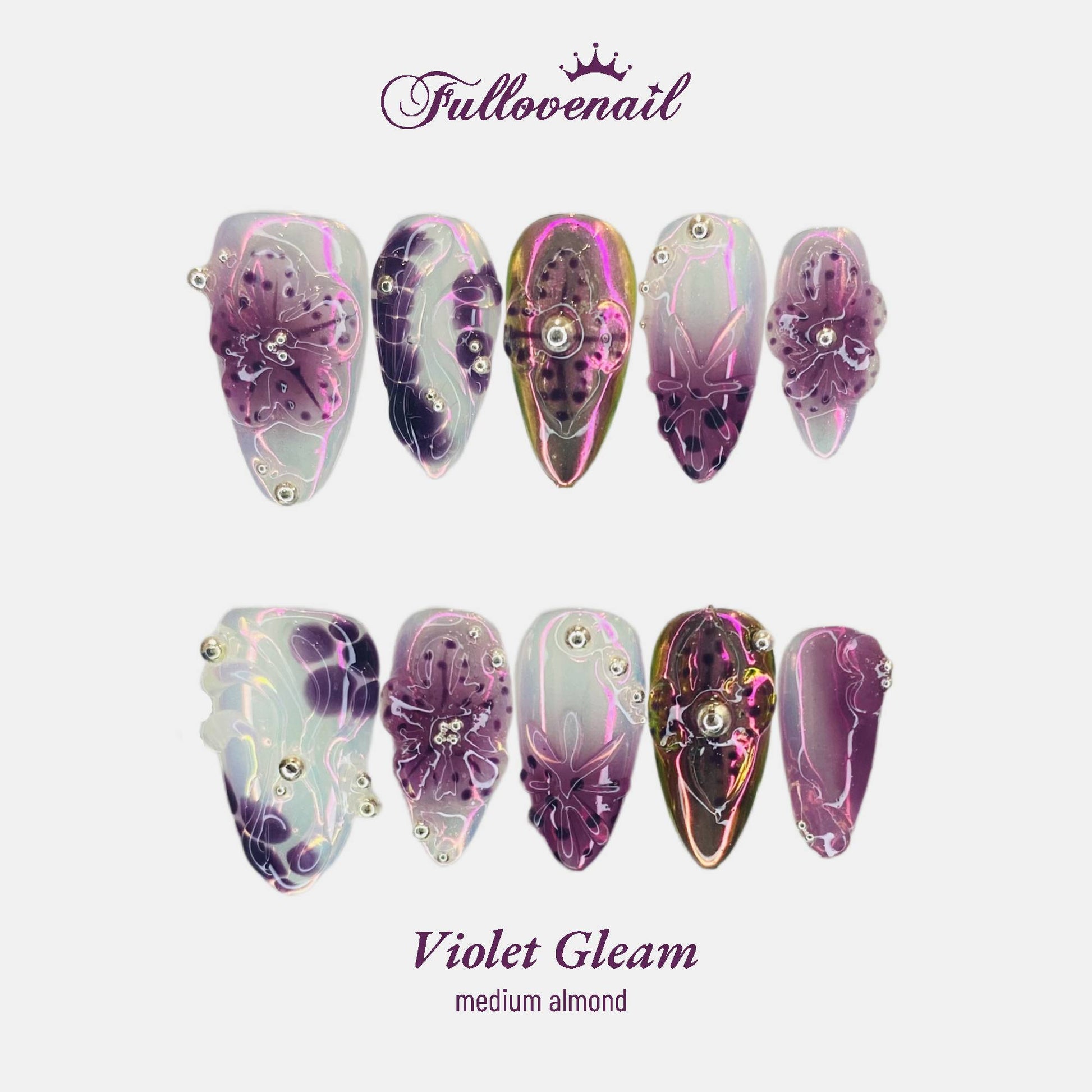 Violet Gleam handmade press-on nails — medium almond set in purple magnetic cat eye | Fullovenail