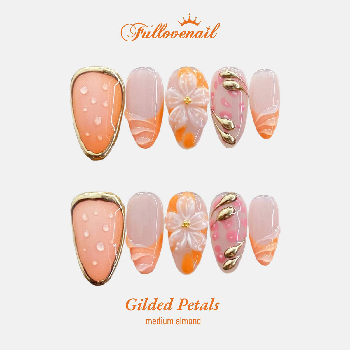 Gilded Petals medium almond press-on nails with 3D blossoms and water droplet accents