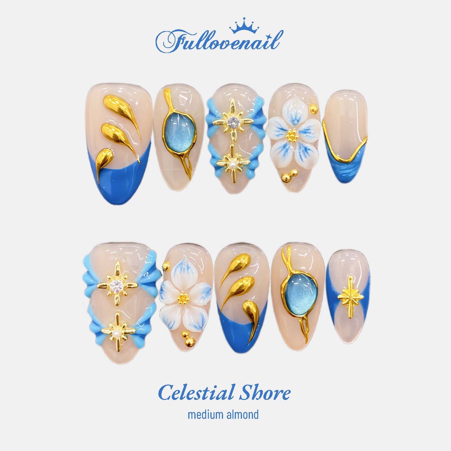 Celestial Shore handmade press-on nails — medium almond set in aurora lilac and celestial charms | Fullovenail