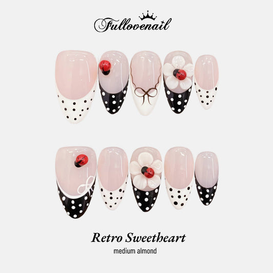 Retro Sweetheart handmade press-on nails — medium almond set in coquette pink and sparkling rhinestone gems | Fullovenail