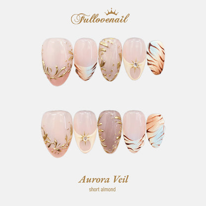 Aurora Veil handmade press-on nails — short almond set in aurora lilac and celestial charms | Fullovenail