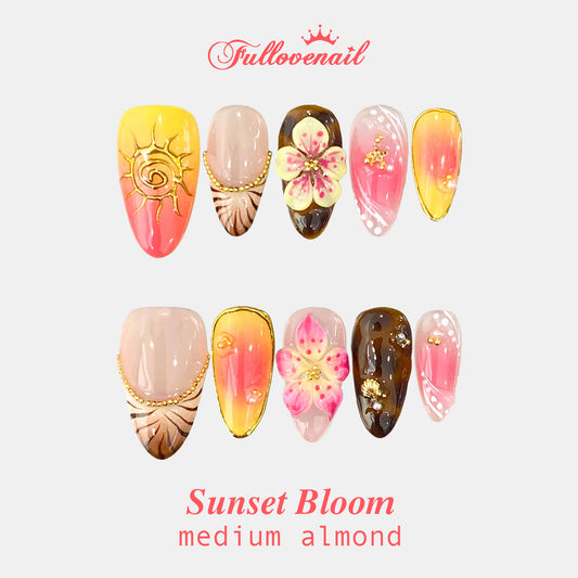 Sunset Bloom handmade press-on nails — medium almond set in coral orange and 3D sculpted floral petals | Fullovenail