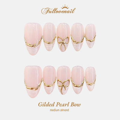 Gilded Pearl Bow 3D Ribbon French Tip Almond Press-On Nails