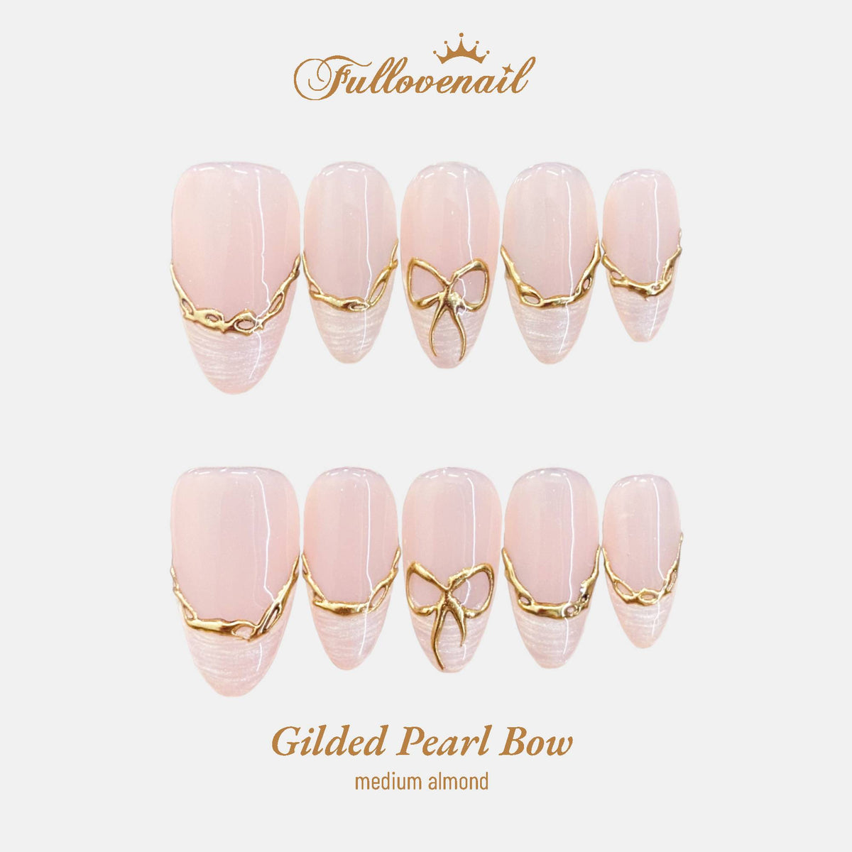 Gilded Pearl Bow handmade press-on nails — medium almond set in white and 3D seashell | Fullovenail