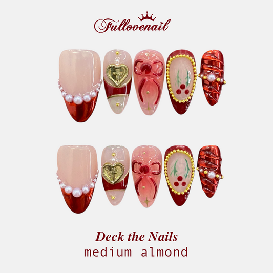 Deck the Nails Almond Red French Tip Bow Nail handmade press-on nails — medium almond set in red | Fullovenail