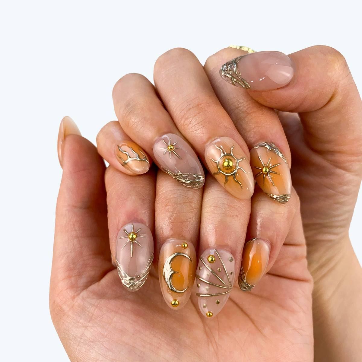 Galaxy cat eye shimmer press-on nails on hand | Y2K celestial aesthetic nail inspo