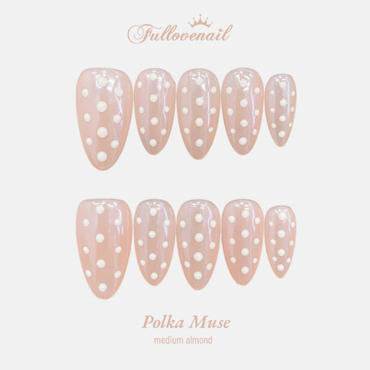 Polka Muse handmade press-on nails — medium almond set in black and white polka dots | Fullovenail