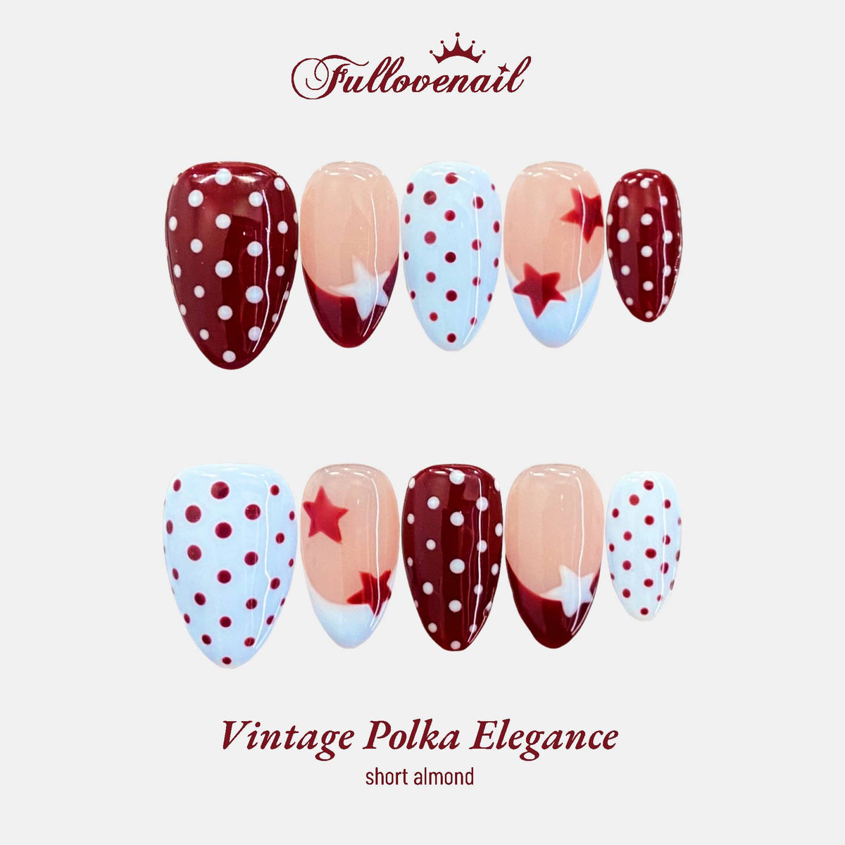 Vintage Polka Elegance handmade press-on nails — short almond set in classic black and white polka dots | Fullovenail