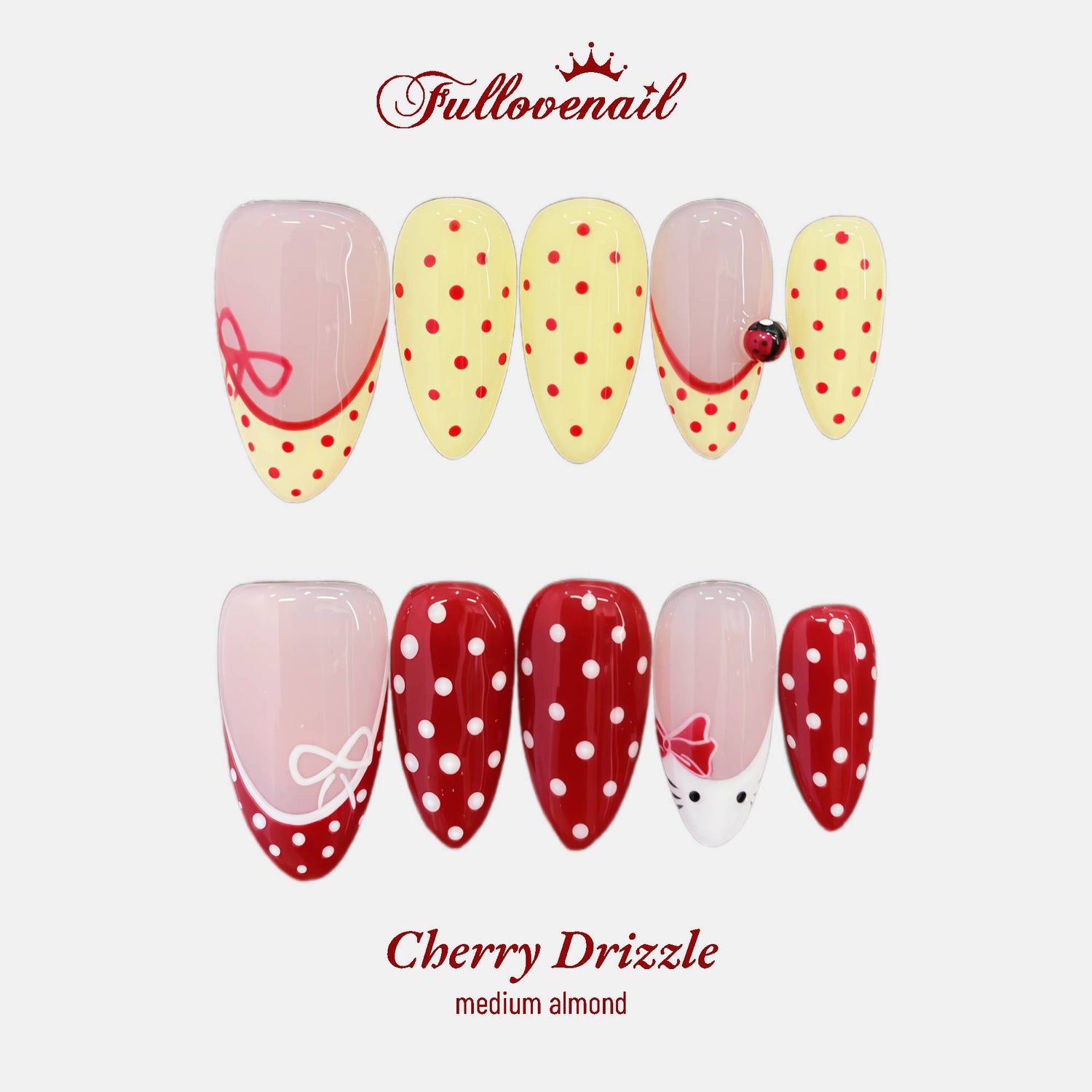 Cherry Drizzle handmade press-on nails — medium almond set in deep cherry red and burgundy | Fullovenail