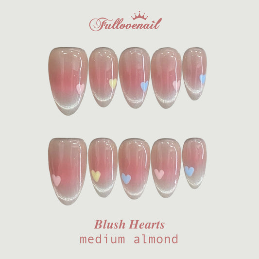 Blush Hearts handmade press-on nails — medium almond set in pink and rhinestone gems | Fullovenail