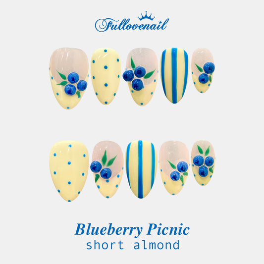 Blueberry Picnic handmade press-on nails — short almond set in baby blue and gingham fruit art | Fullovenail