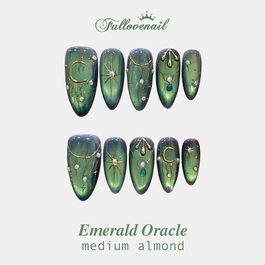 Emerald Oracle handmade press-on nails — medium almond set in dark emerald green cat eye | Fullovenail