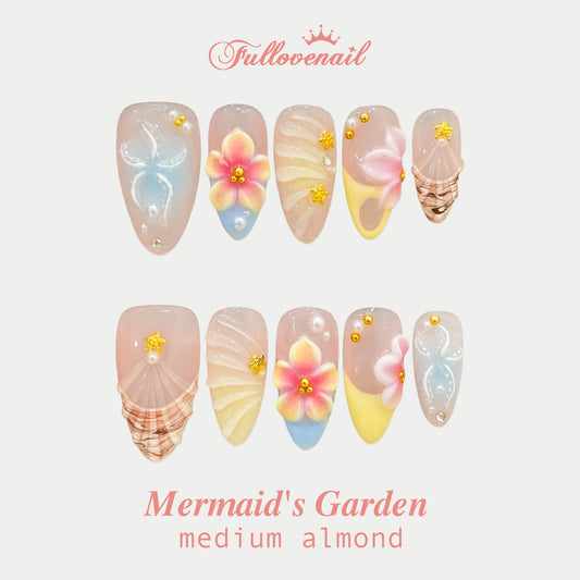 Mermaid's Garden medium almond press-on nails with 3D seashells and floral art