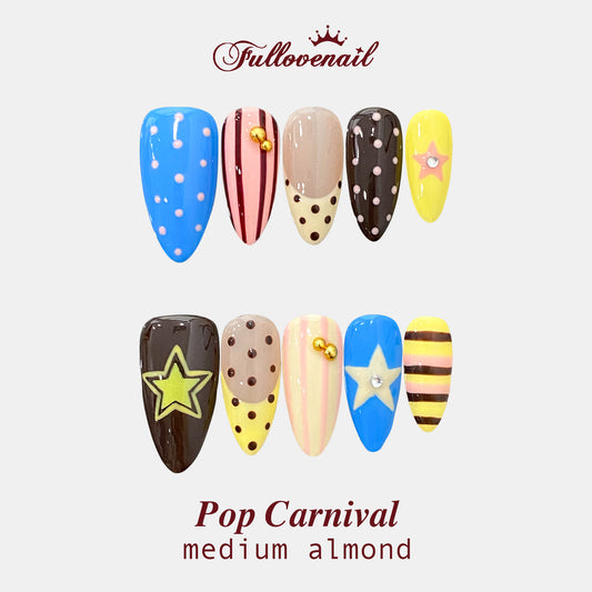 Pop Carnival handmade press-on nails — medium almond set in colorful dopamine 3D swirls | Fullovenail