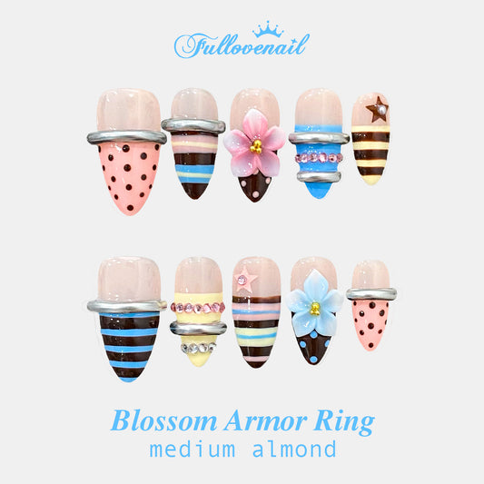 Blossom Armor Ring handmade press-on nails — medium almond set in liquid silver chrome and 3D floral ring | Fullovenail