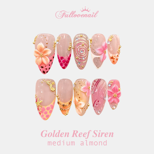 Golden Reef Siren handmade press-on nails — medium almond set in gold and 3D seashell | Fullovenail