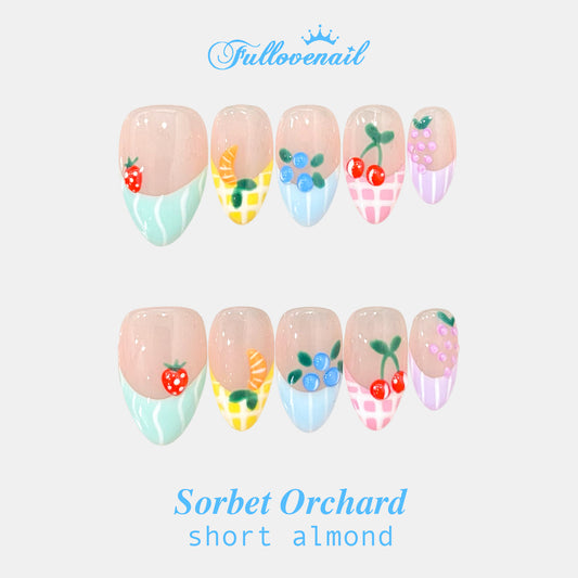 Sorbet Orchard short almond press-on nails with 3D sculpted fruits and pastel French tips
