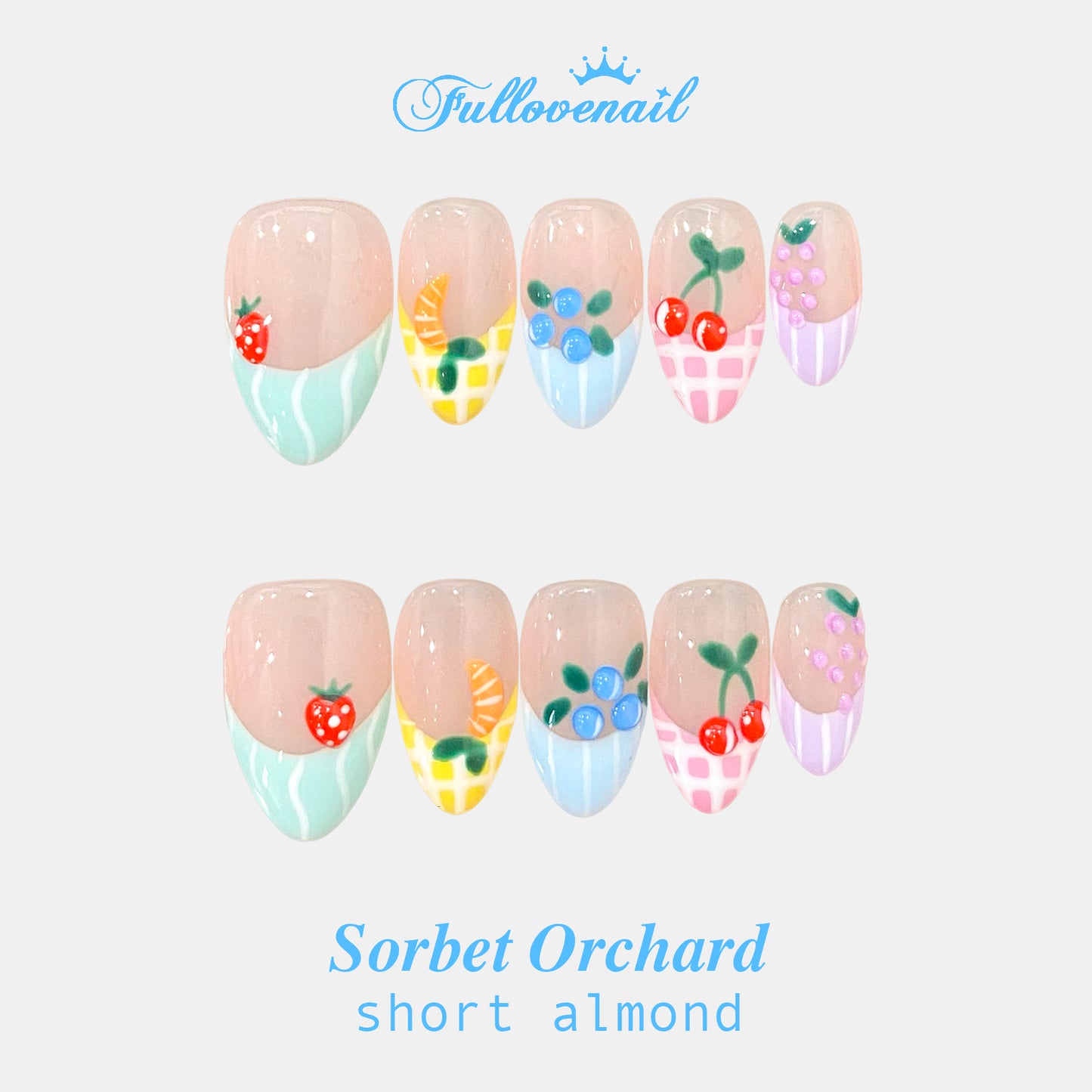 Sorbet Orchard handmade press-on nails — short almond set in coral orange and handcrafted art detailing | Fullovenail