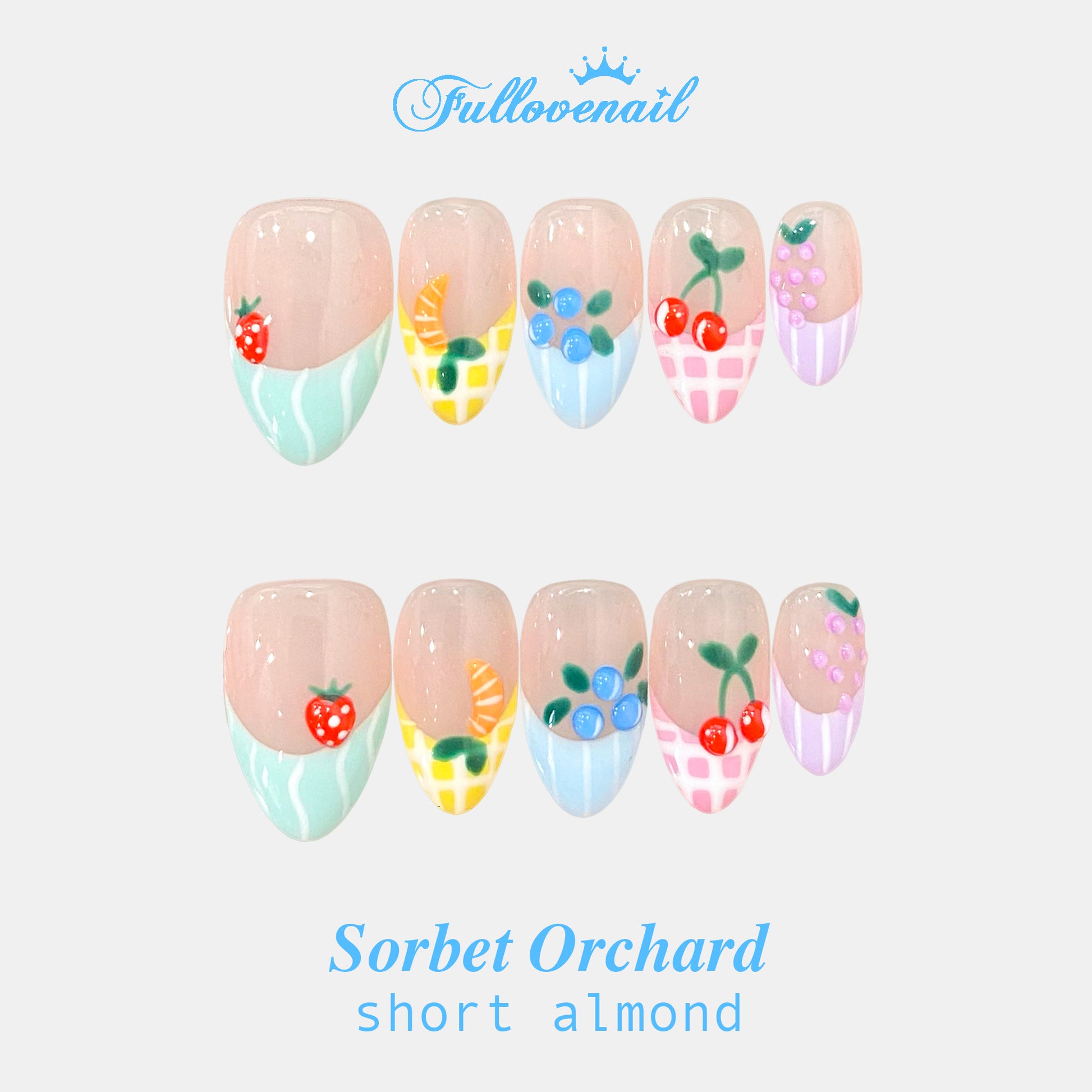 Sorbet Orchard handmade press-on nails — short almond set in coral orange and handcrafted art detailing | Fullovenail