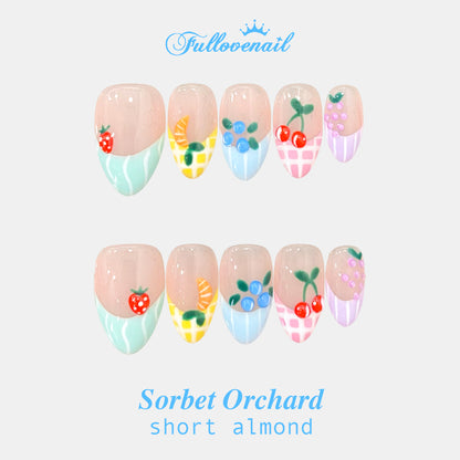 Sorbet Orchard handmade press-on nails — short almond set in coral orange and handcrafted art detailing | Fullovenail