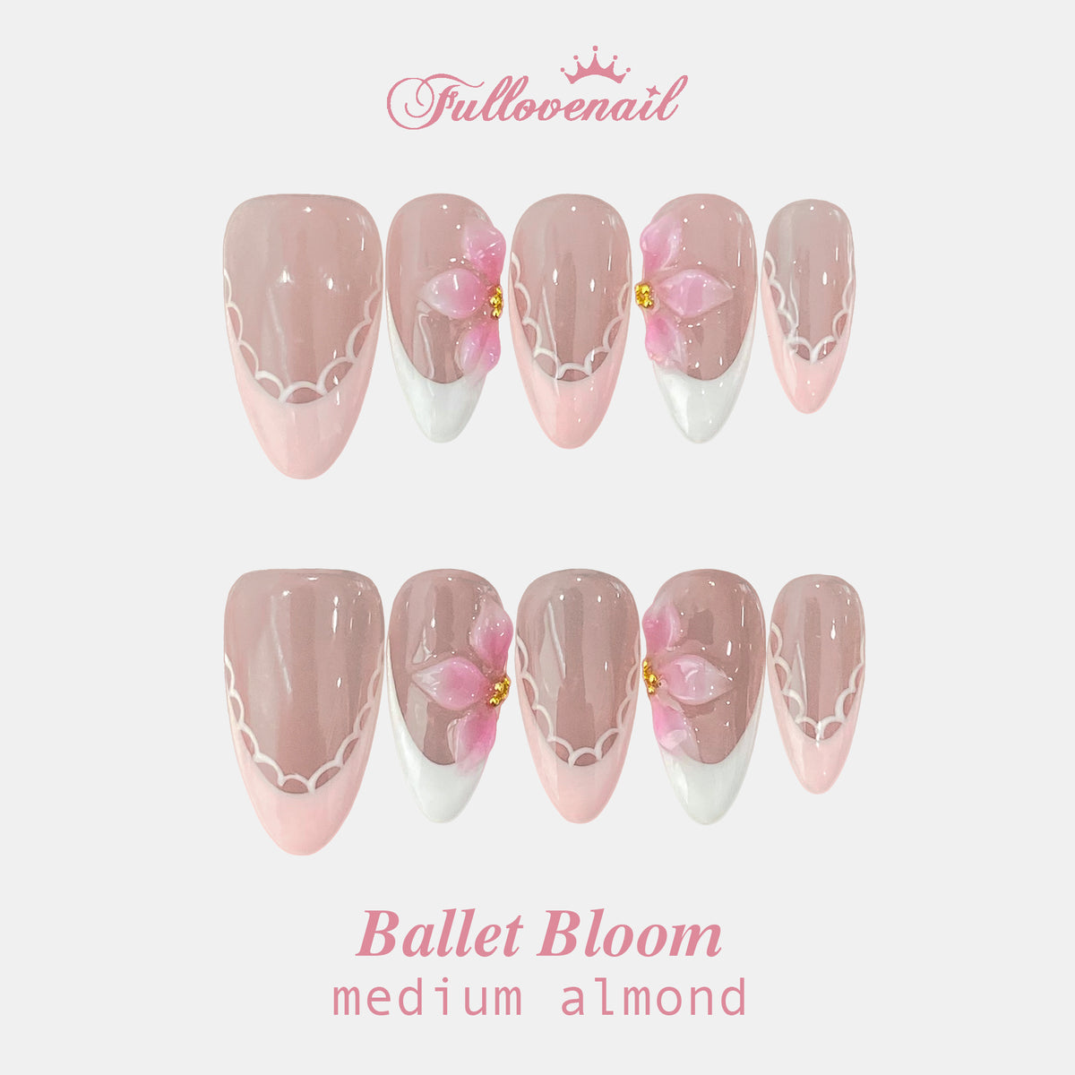 Ballet Bloom medium almond press-on nails with 3D pink flowers and French tips