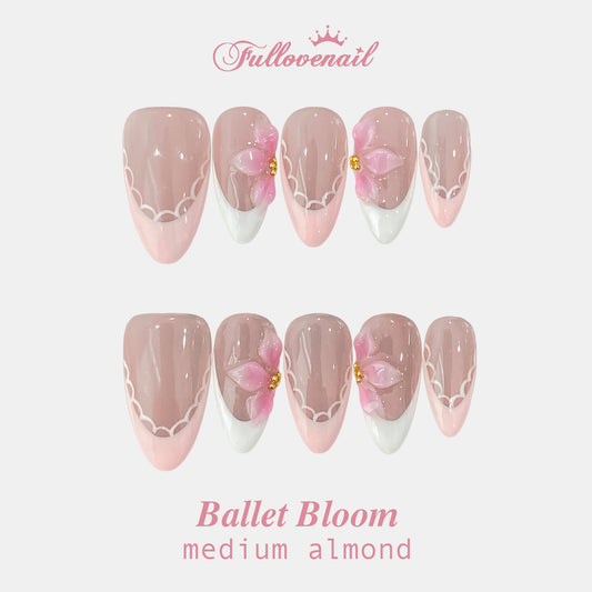 Ballet Bloom handmade press-on nails — medium almond set in floral pink and 3D sculpted floral petals | Fullovenail