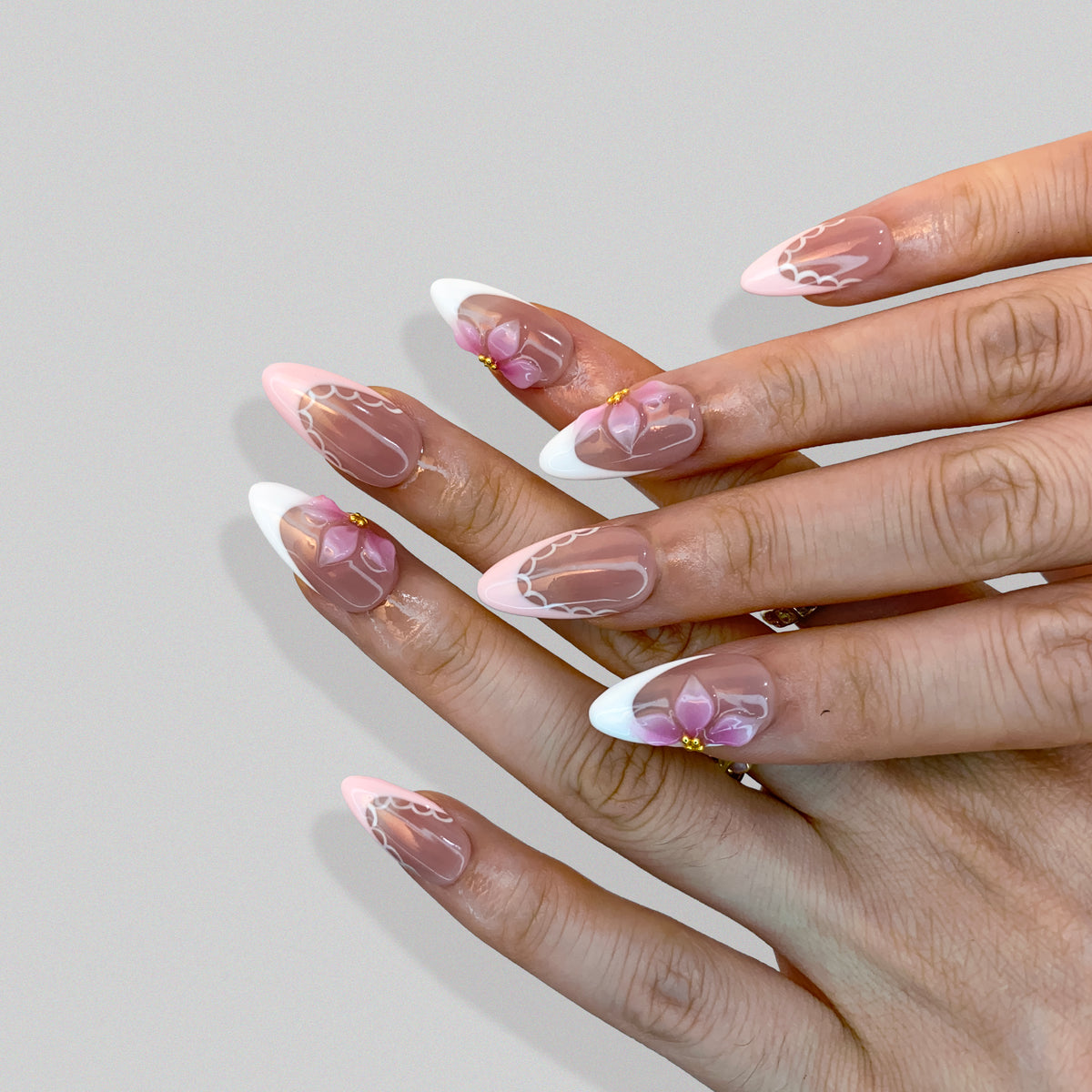 Balletcore aesthetic pink almond press-on nails real wear look on hand