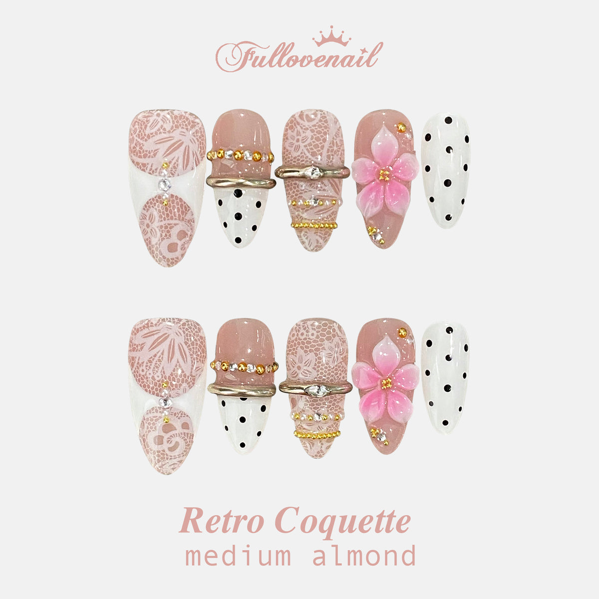 Retro Coquette medium almond press-on nails with 3D pink flowers and polka dots