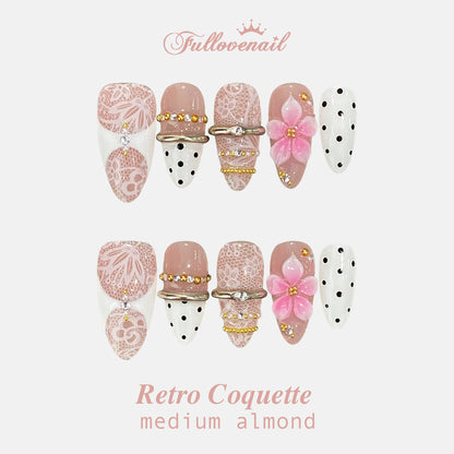 Retro Coquette medium almond press-on nails with 3D pink flowers and polka dots