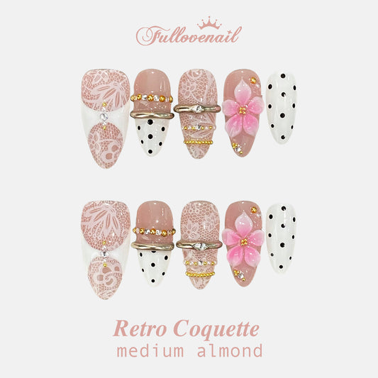 Retro Coquette handmade press-on nails — medium almond set in soft pink and 3D ribbon bows | Fullovenail