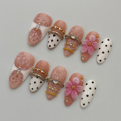 Real photo of Retro Coquette vintage lace and polka dot press-on nails set