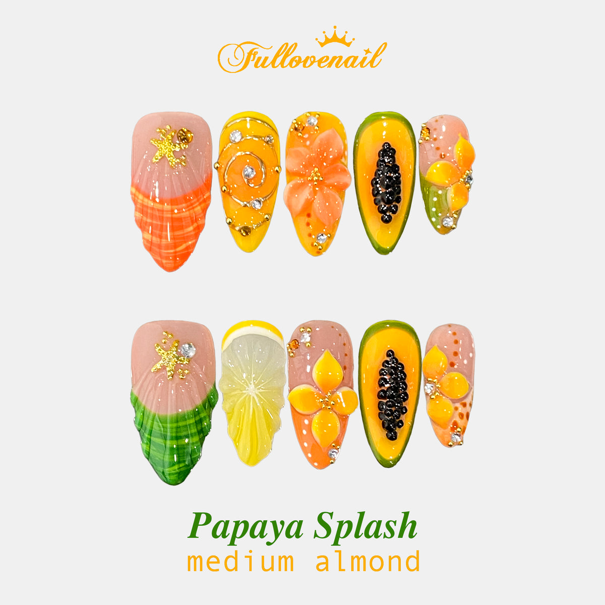 Papaya Splash medium almond press-on nails with 3D sculpted papaya and citrus art