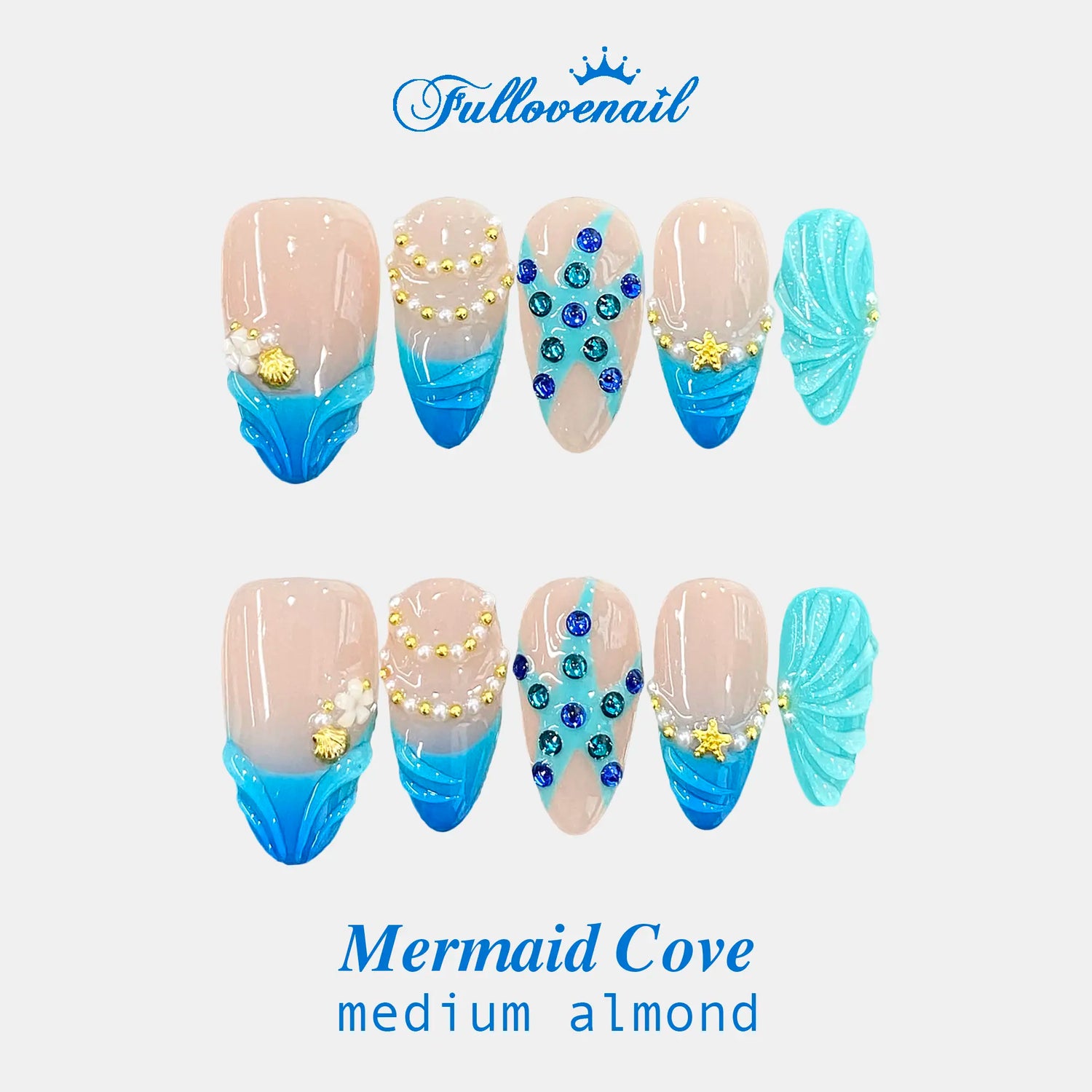 Mermaid Cove handmade press-on nails — medium almond set in ocean blue, pearl and gold | Fullovenail
