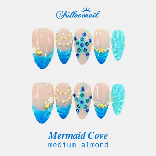Mermaid Cove handmade press-on nails — medium almond set in ocean blue, pearl and gold | Fullovenail